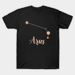 Aries Zodiac Constellation in Rose Gold - Black T-Shirt